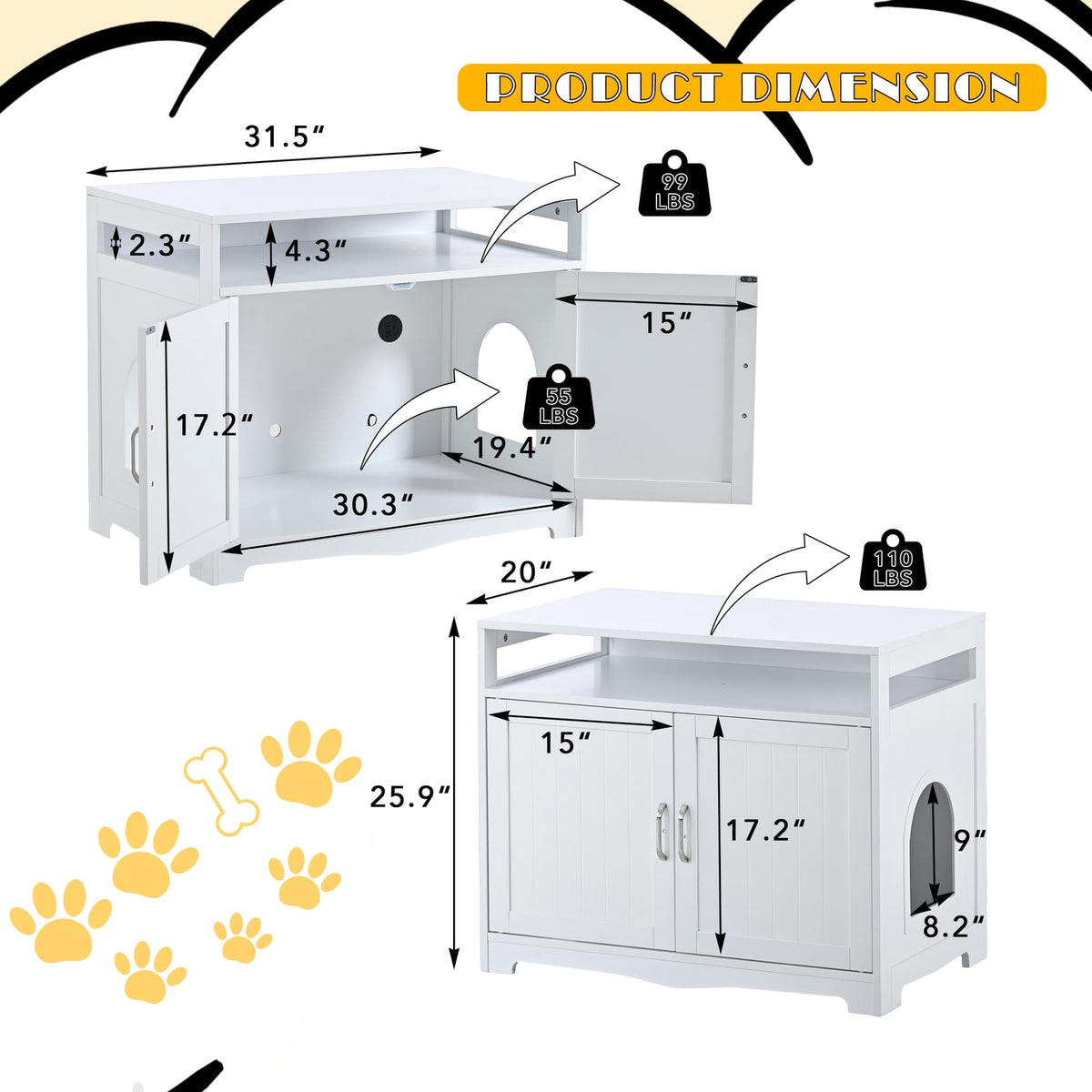 Large White Cat House Litter Box Furniture - 31.5" Storage Bench
