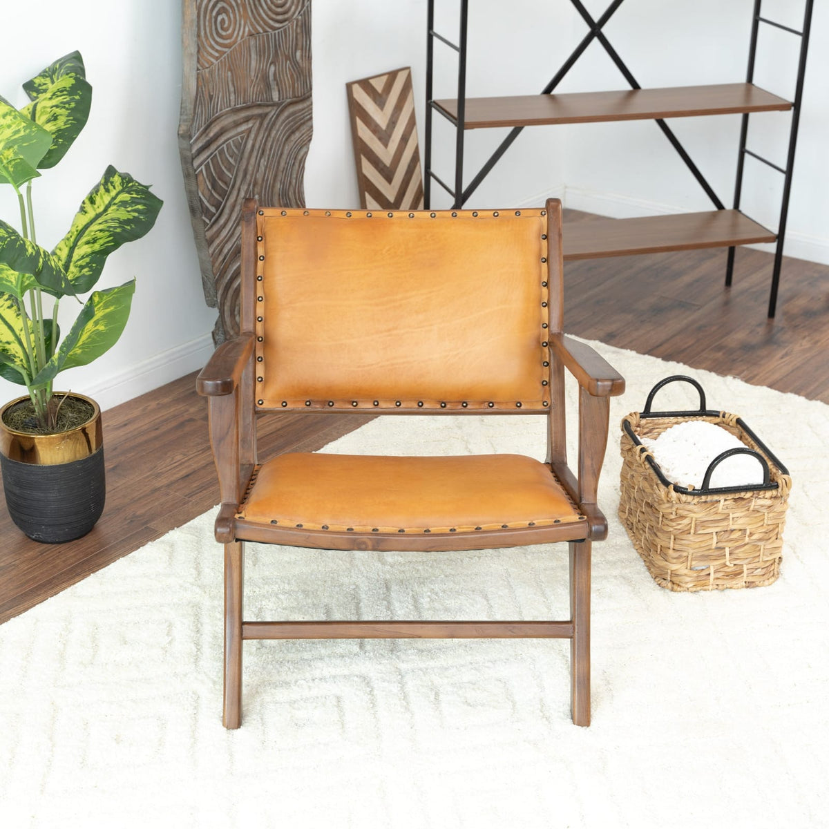 Tan Leather Mid-Century Arm Chair - 28"W x 26"D x 25"H