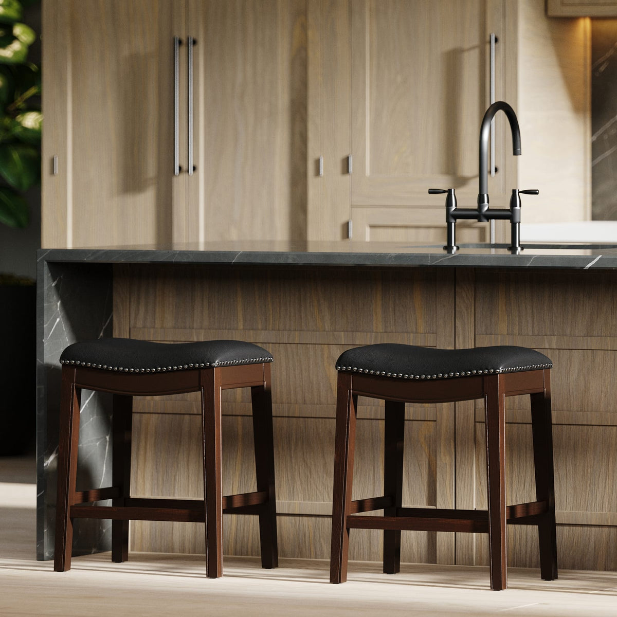 Black Counter Height Barstool - PU Leather Seat, 18" Wide for Bedroom