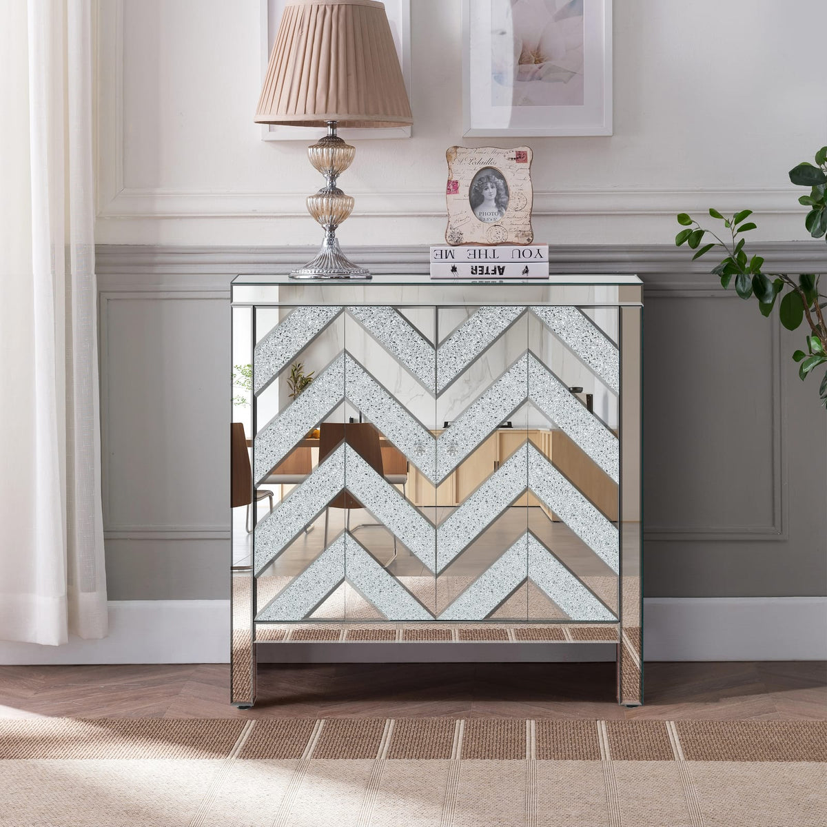 Silver Grey MDF Glass Storage Cabinet with Mirror - Bedroom Storage