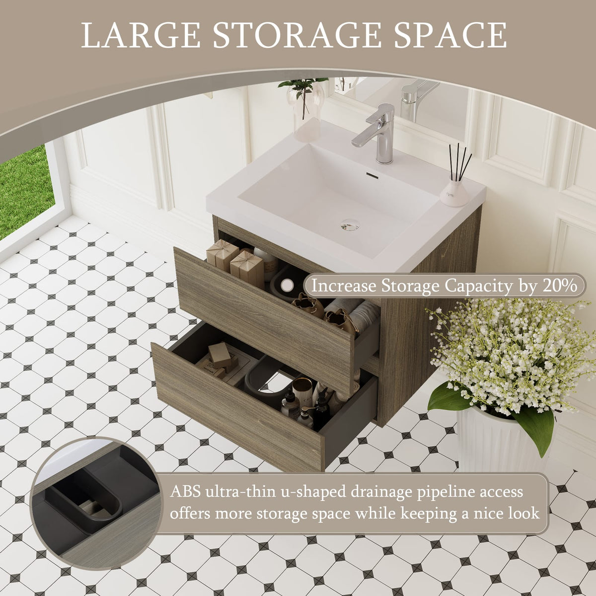 Grey Wood Bathroom Vanity with Sink - Wall Mounted Storage