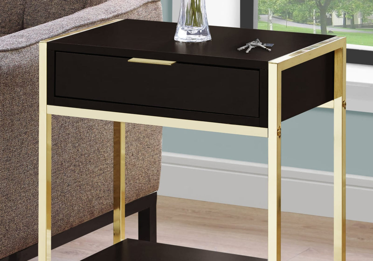 Brown Gold Accent Table - Storage Drawer Side Table for Living Room