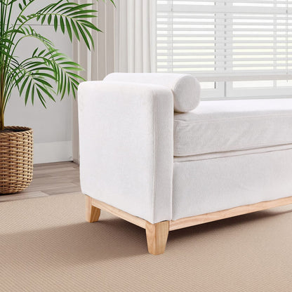 Living Room 66" Beige Sherpa Storage Bench with Bolster Pillows - Bedroom End Bench
