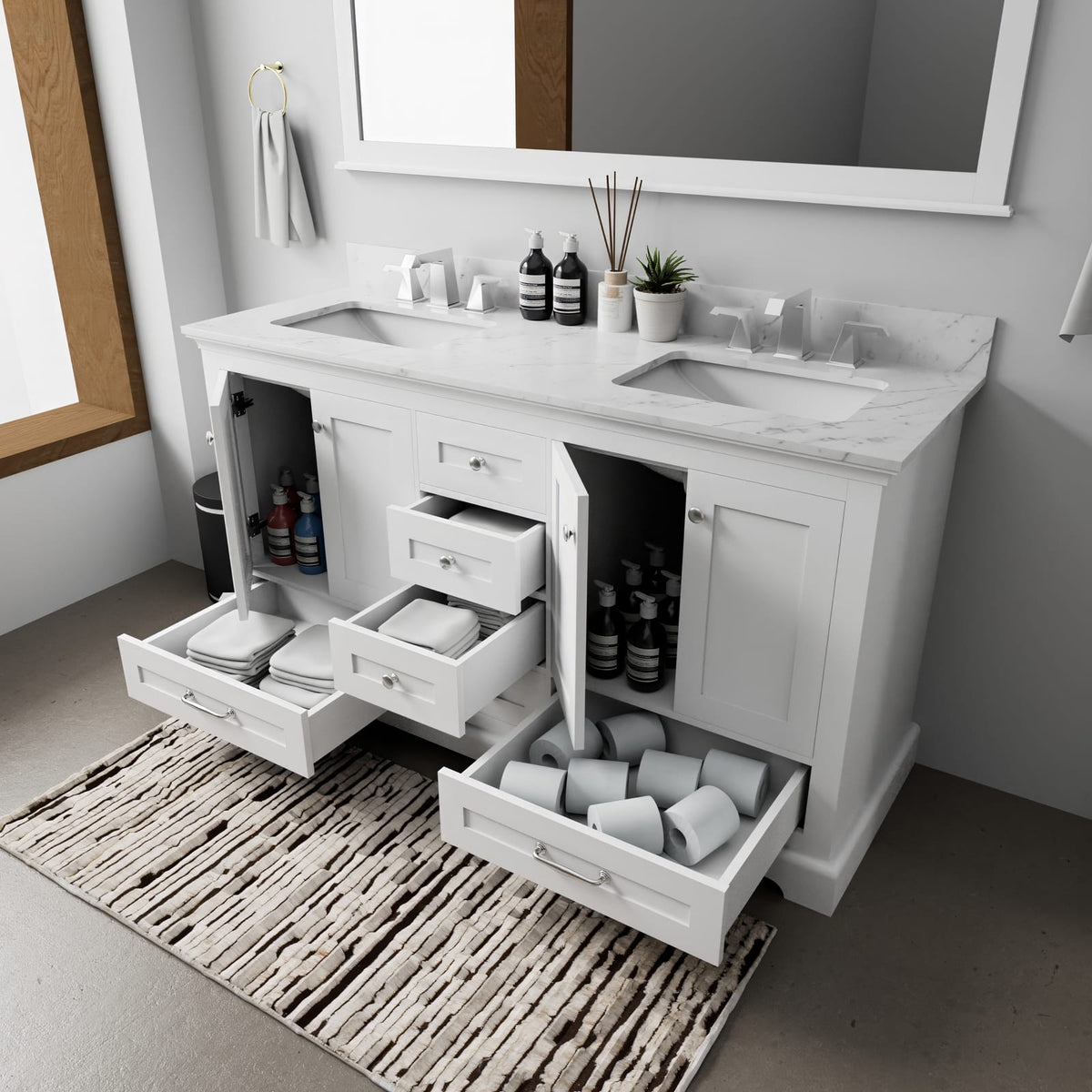 White Double Bath Vanity with Mirror & Storage for Bathroom