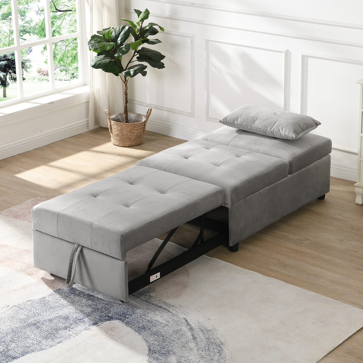 Grey Velvet Sofa Bed Chair with Storage Velvet Upholstery for Living Room