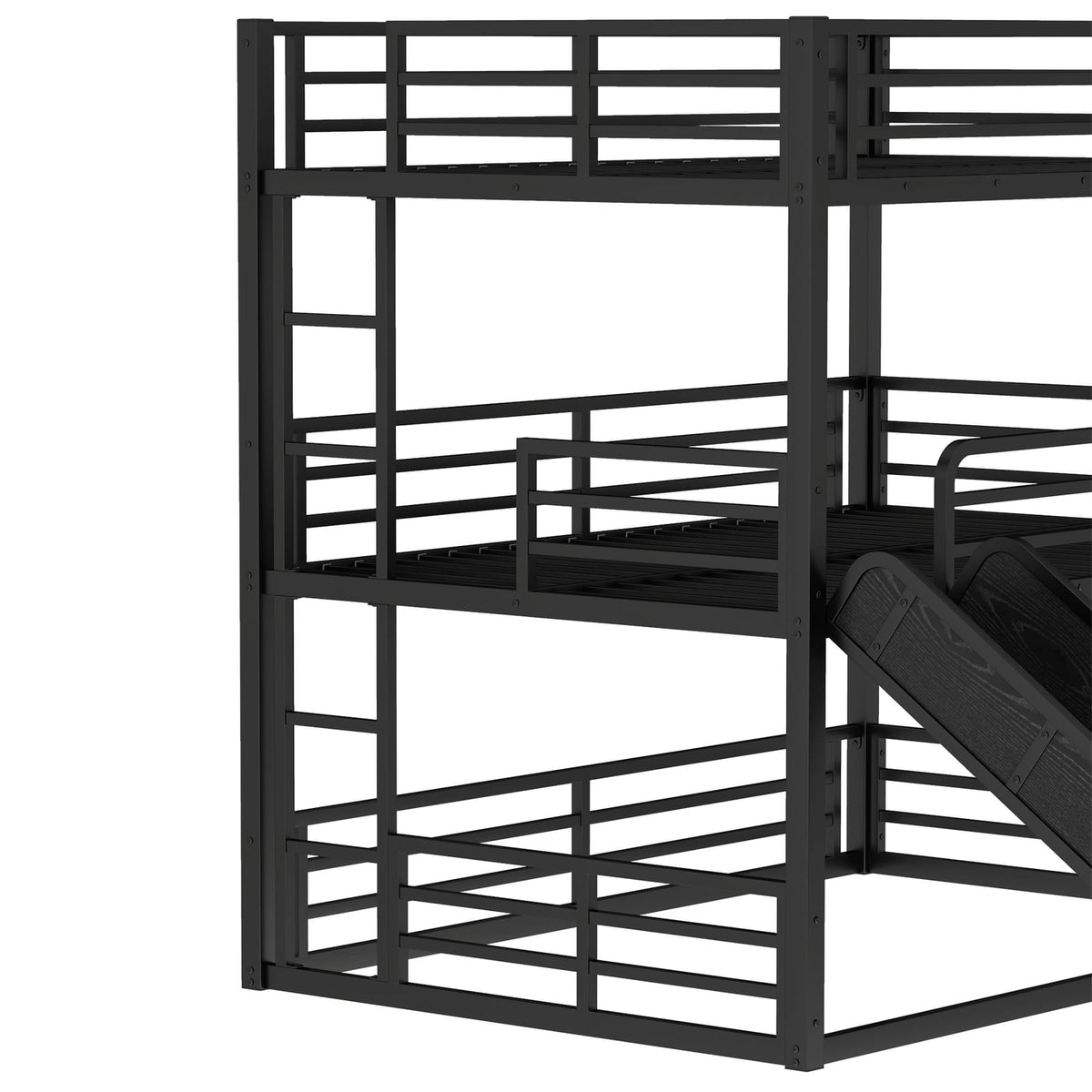 Triple Bunk Bed with Slide - Metal, Black for Bedroom