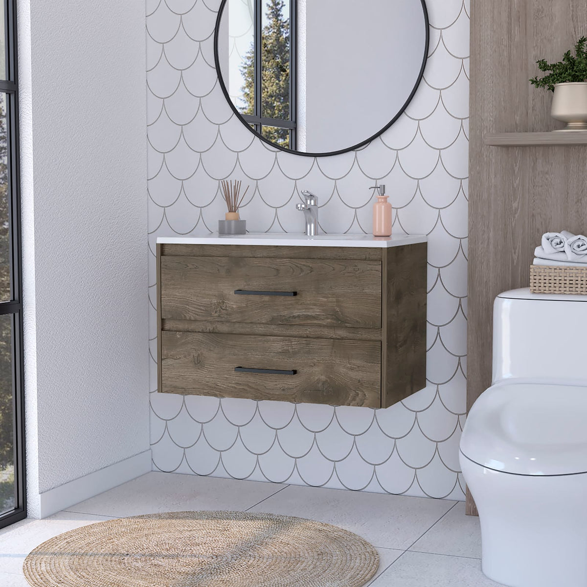 Maine Bathroom Vanity - Wall Mounted, 2 Drawers, Multicolor Particle Board