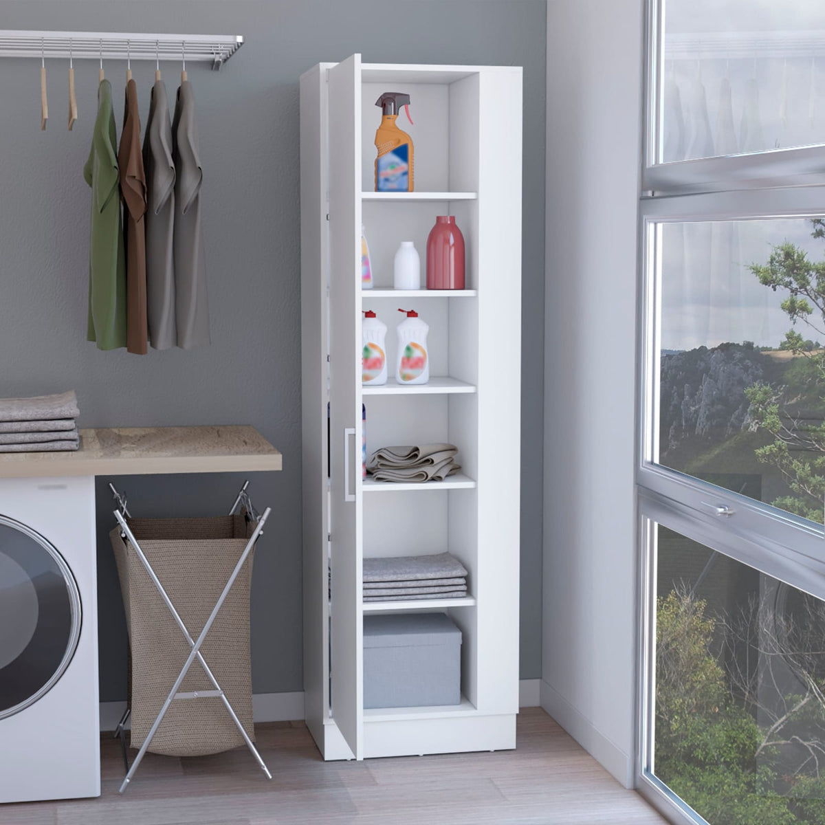Storage Cabinet 72"H - White | Six Shelves, Broom Hangers