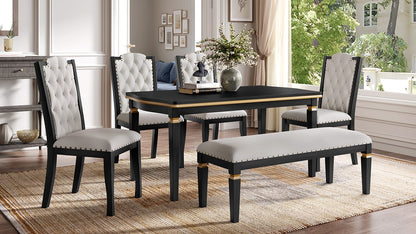 6-Person Black Dining Table Set - Rectangular Solid Wood Table & Upholstered Chairs