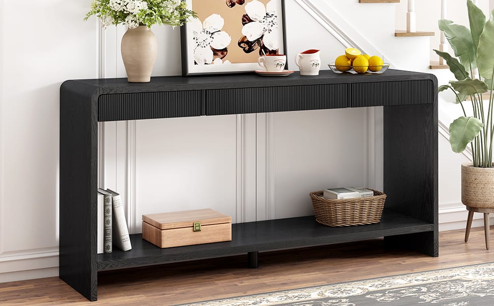 Modern 3-Drawer Console Table - Black MDF, Storage & Rounded Edges
