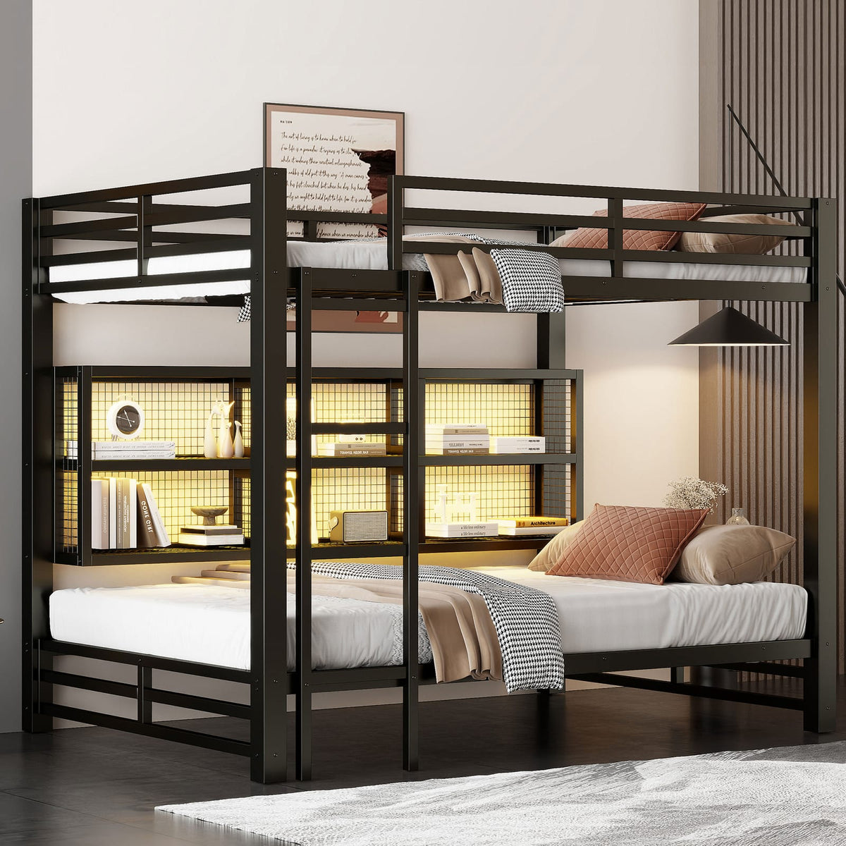 Queen Bunk Bed with Storage - Metal Black for Bedroom