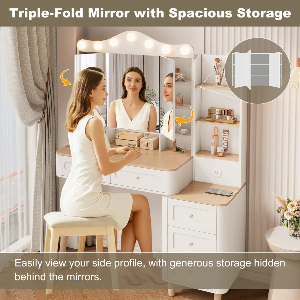 White Makeup Vanity with Mirror & Lights - Storage Drawer Set