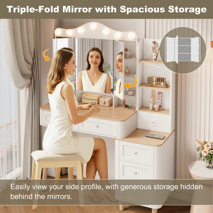 White Makeup Vanity with Mirror & Lights - Storage Drawer Set