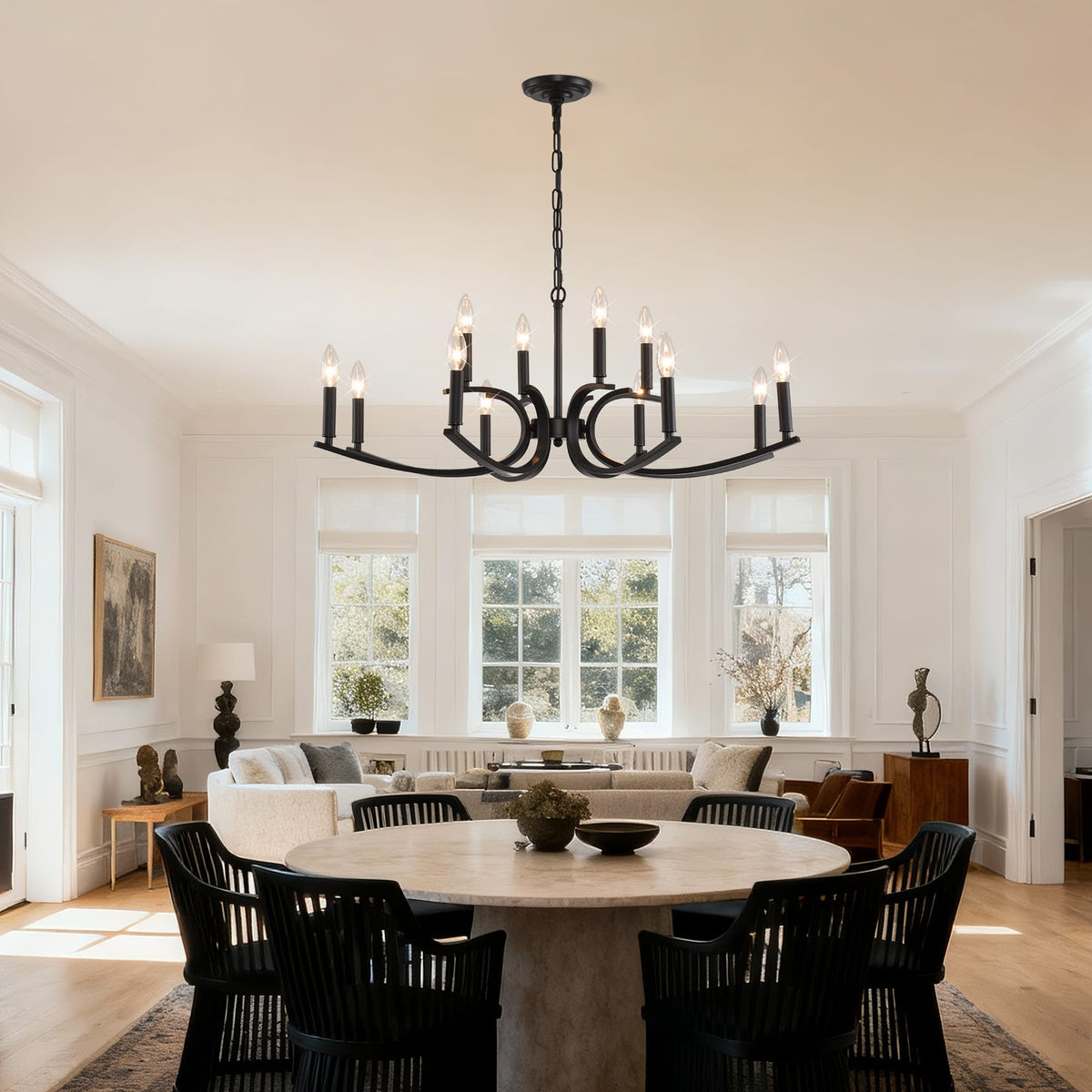 12-Light Farmhouse Chandelier - Black Metal Lighting Fixture