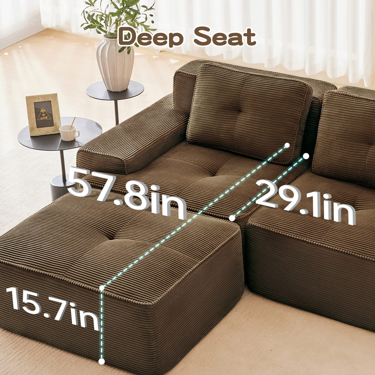 Brown Corduroy 2-Seat Modular Sofa - L-Shaped Sectional for Living Room