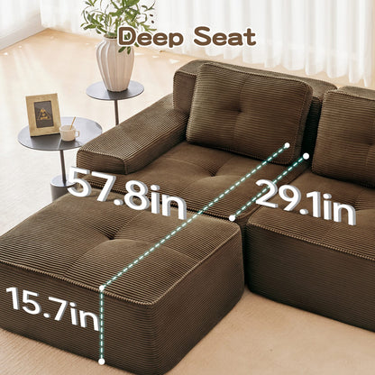 Brown Corduroy 2-Seat Modular Sofa - L-Shaped Sectional for Living Room