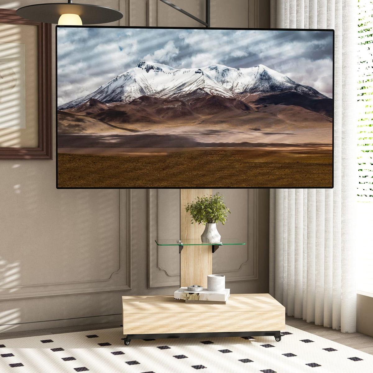 Adjustable TV Stand with Drawer - 32-75 Inch, Natural MDF+Metal for Living Room