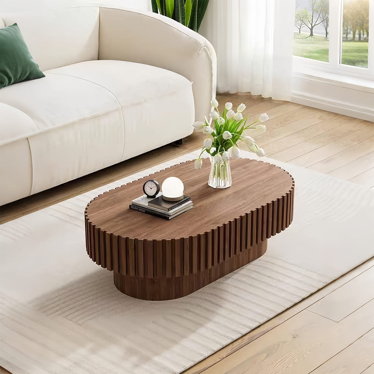 Brown Oval Coffee Table with Fluted Design for Living Room Storage