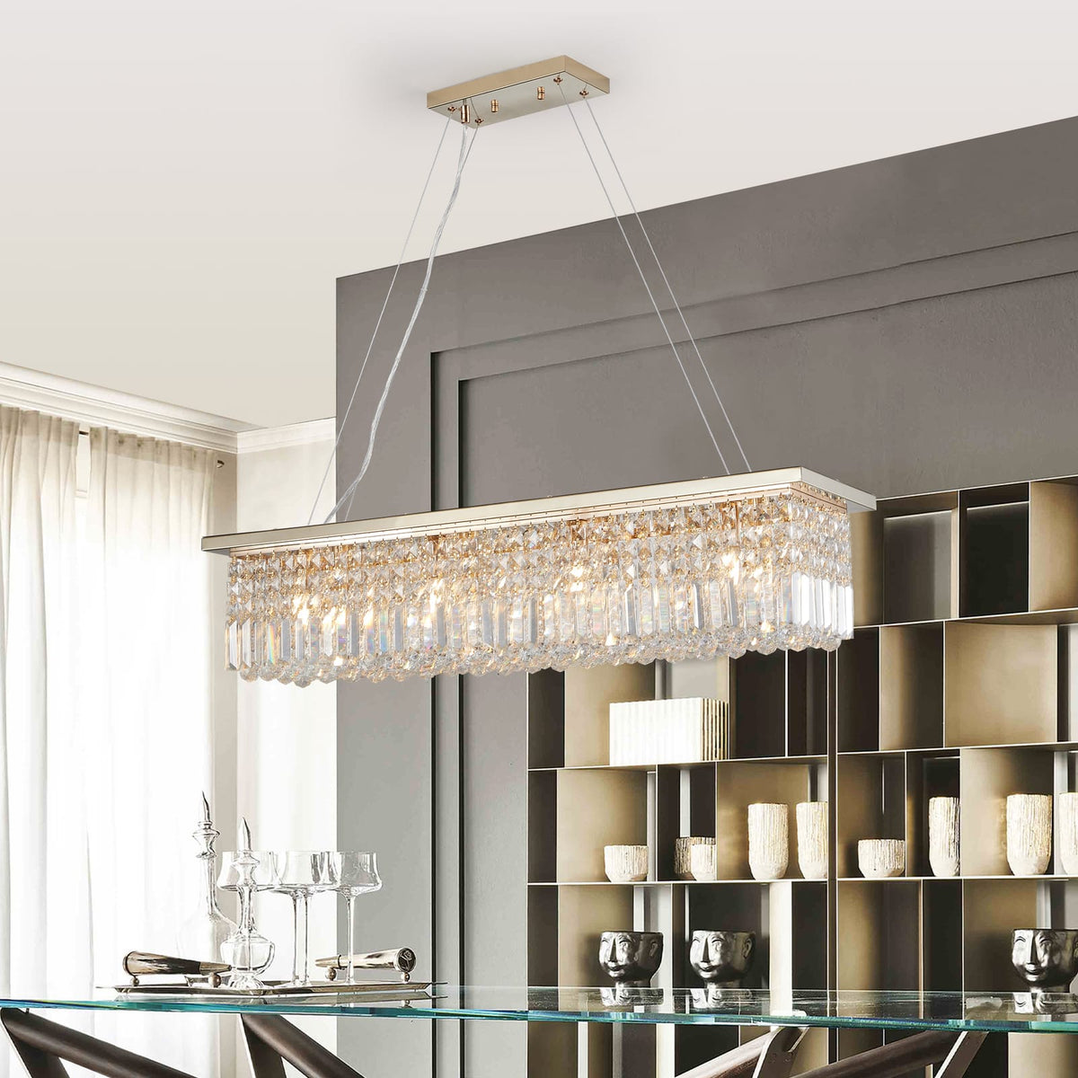 Gold Rectangle Chandelier - Modern Raindrop Lighting