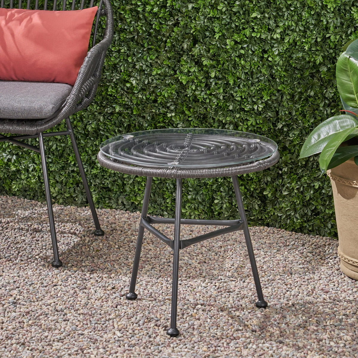 Grey Iron Rattan Side Table - Outdoor Patio Table