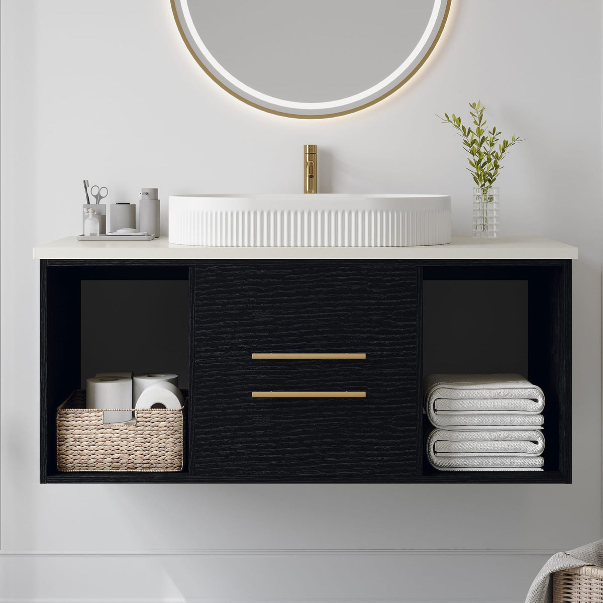Modern Black Ceramic Bathroom Vanity - 39.4" Wall-Mounted Storage