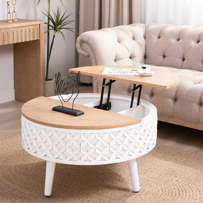 Round Lift-Top Coffee Table with Storage - White & Light Oak for Living Room