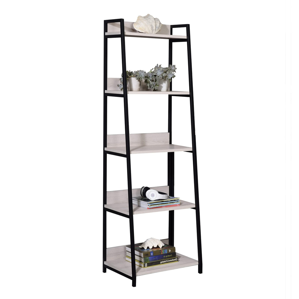 Natural & Black Ladder Bookshelf - 5 Tier Display Shelf