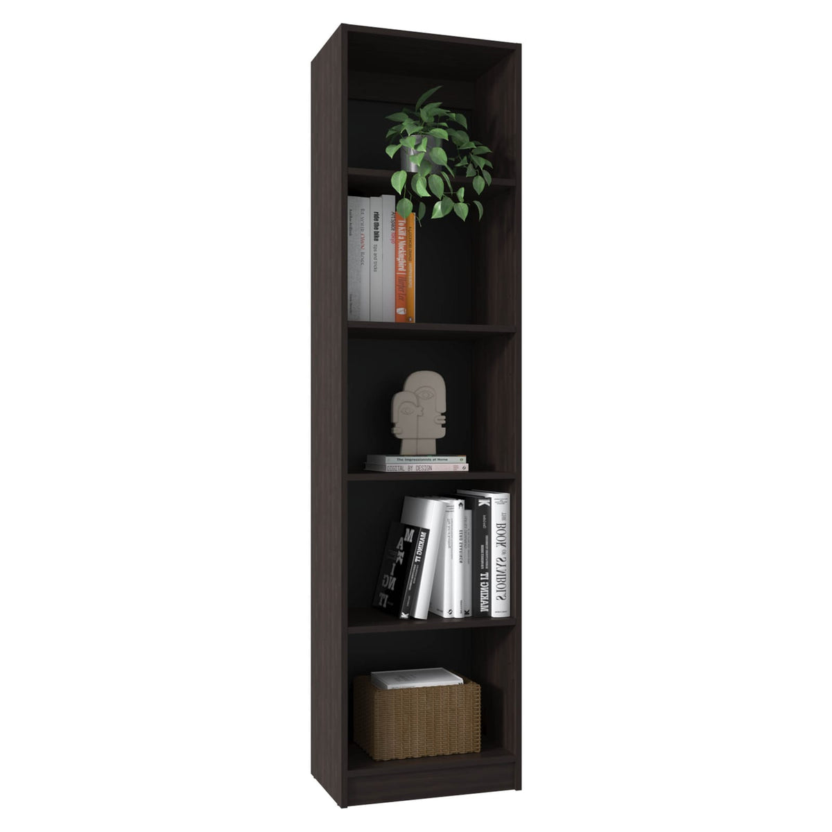 Walnut 5 Shelf Bookcase - Narrow Display Shelving for Living Room