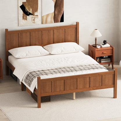 Twin Size Walnut Wood Platform Bed - Farmhouse Style Headboard