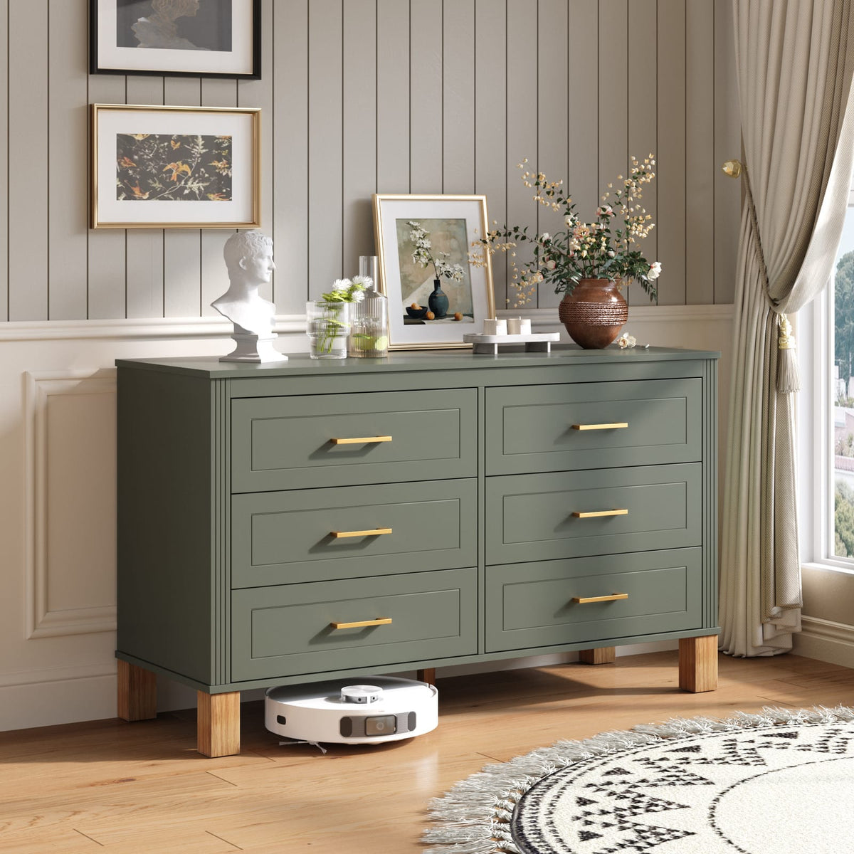 6-Drawer Olive Green Dresser - Modern Storage Cabinet for Kids Bedroom