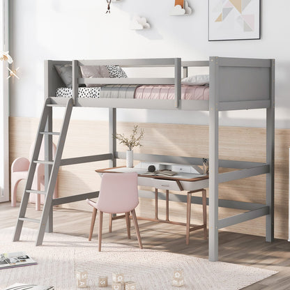 Gray Solid Wood Twin Loft Bed with Ladder for Bedroom