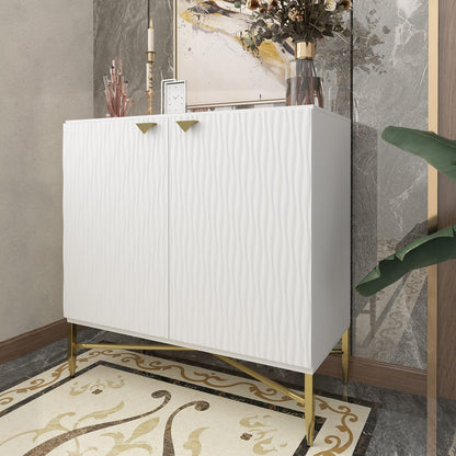 White MDF Iron Accent Cabinet 2 Door Storage for Living Room
