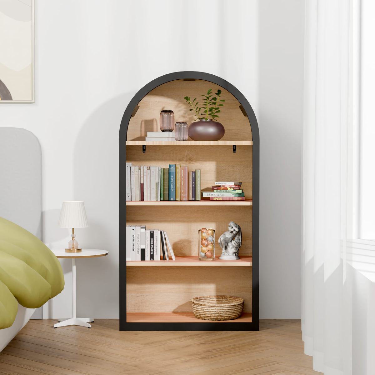 Black Arched Bookshelf - 43" Tall MDF Display Shelf for Living Room