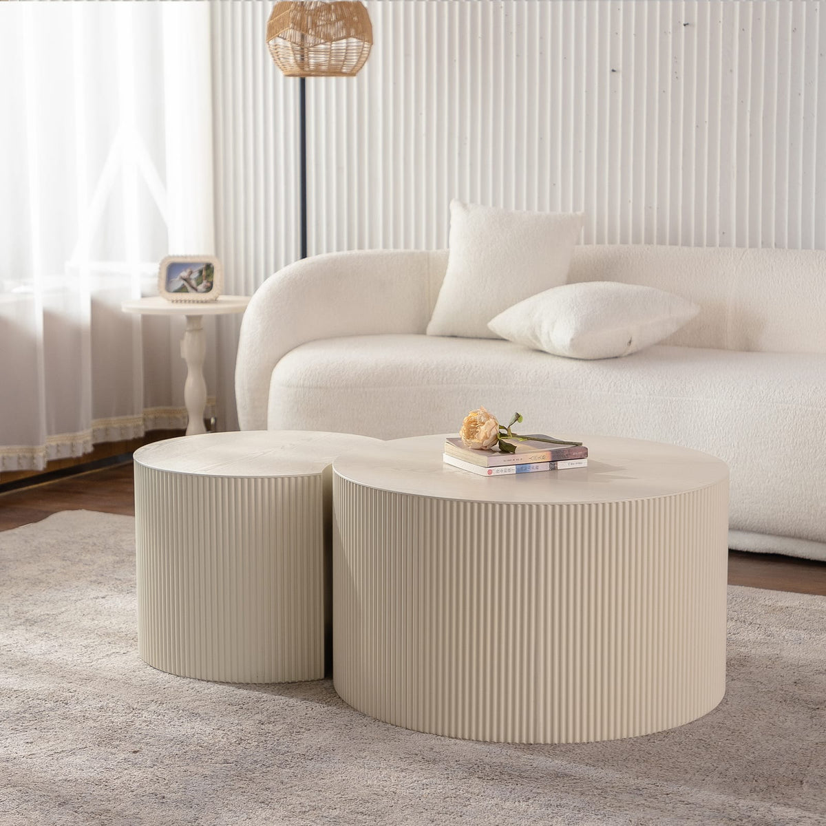 Round Modern Wood Coffee Table with Open Storage in Beige White for Living Room