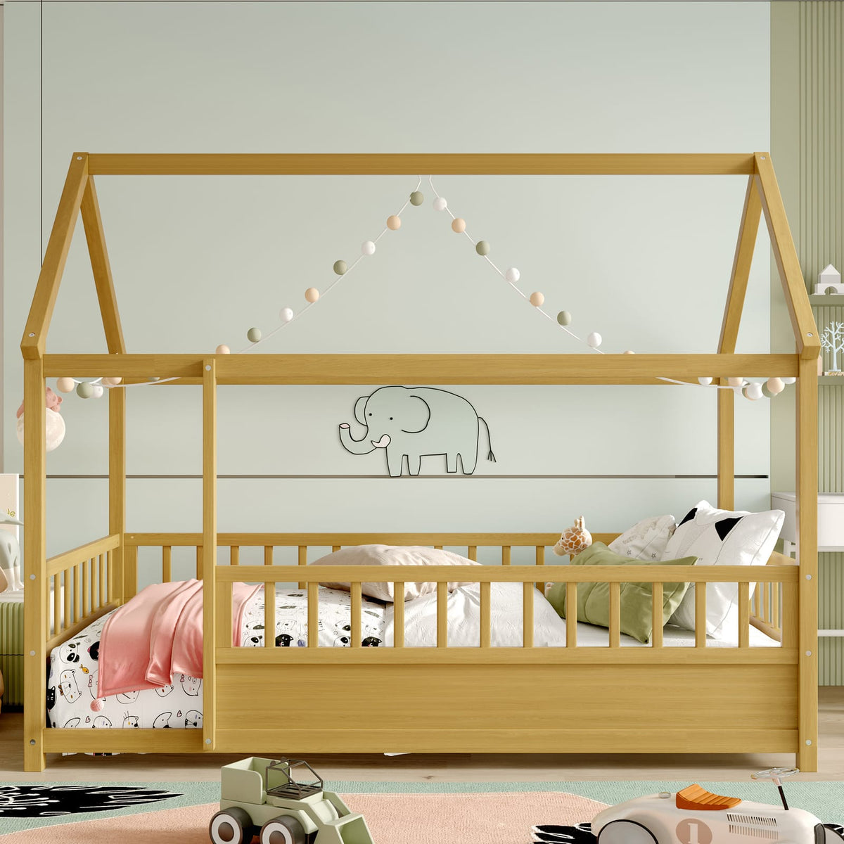 Twin Size Wooden House Bed Frame Natural Pine for Bedroom