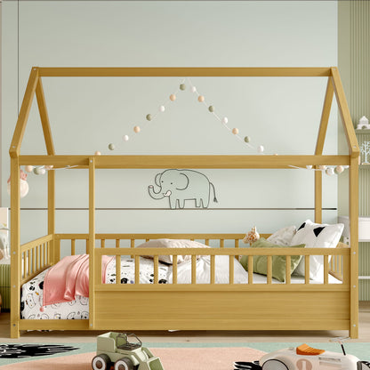 Twin Size Wooden House Bed Frame Natural Pine for Bedroom