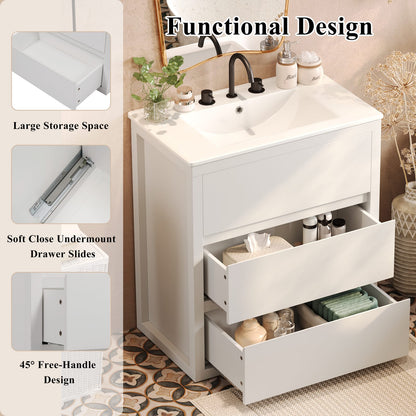 30 inch White Bathroom Vanity with Ceramic Sink and Soft Close Drawers