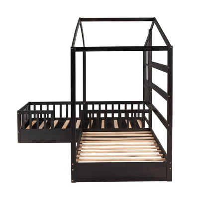 Wood House Bed Twin Size - 2 Twin Solid Beds with Fence & Slatted Frame, Espresso