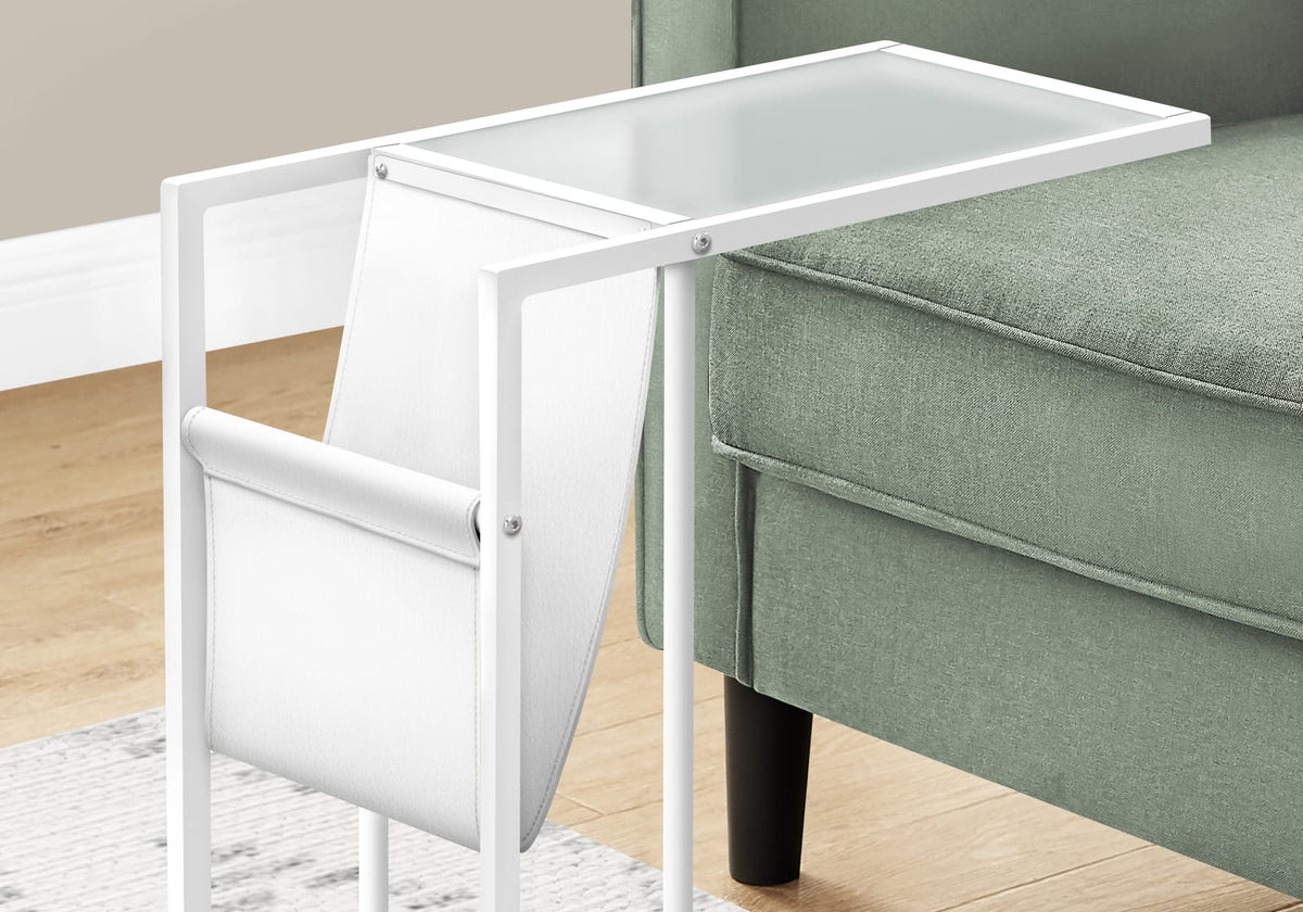 Accent Table, C-Shaped End Table with Magazine Storage - White Metal