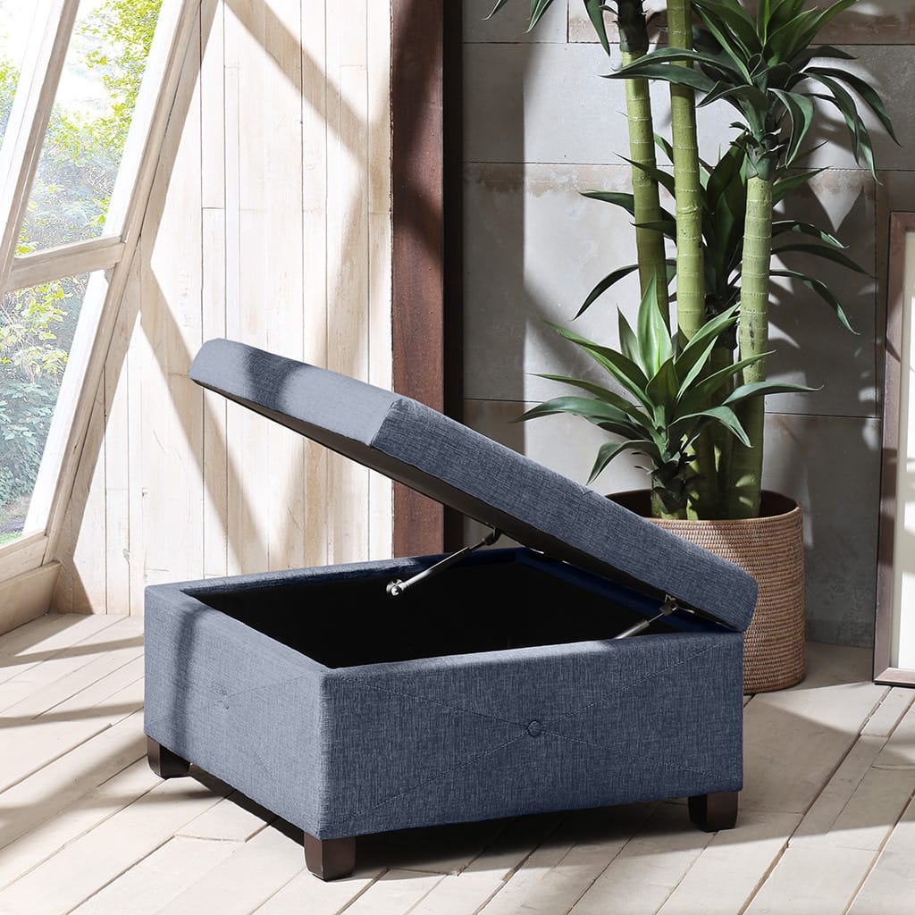 Blue Polyester Storage Ottoman - 29.5" Square