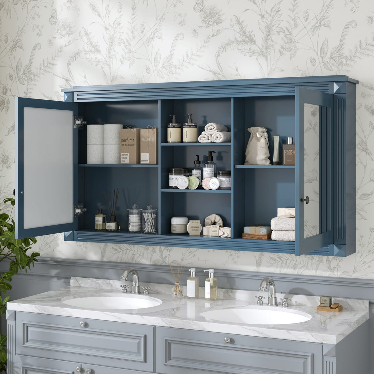 55 Inch Wall-Mount Bathroom Mirror Cabinet - Blue, Adjustable Shelves