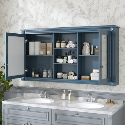 55 Inch Wall-Mount Bathroom Mirror Cabinet - Blue, Adjustable Shelves