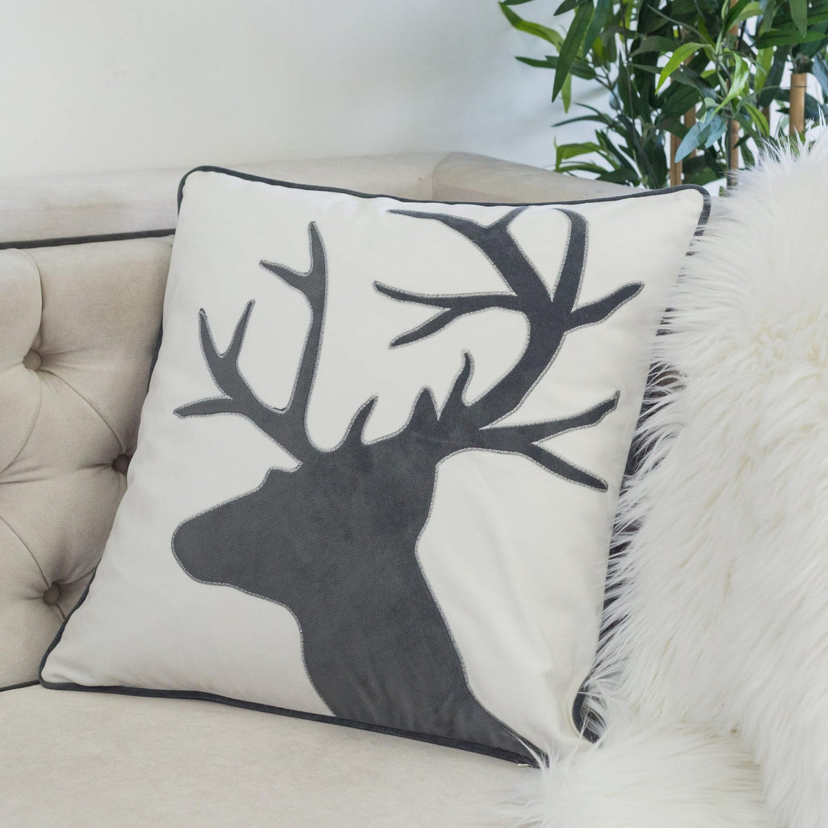 Holiday Reindeer Velvet Accent Pillow - White & Gray (20x20)