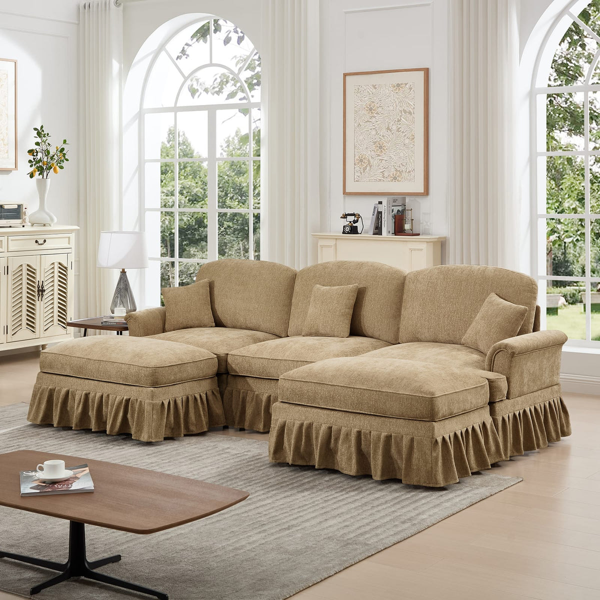 3 Seat Chenille Sectional Sofa - Light Coffee for Living Room