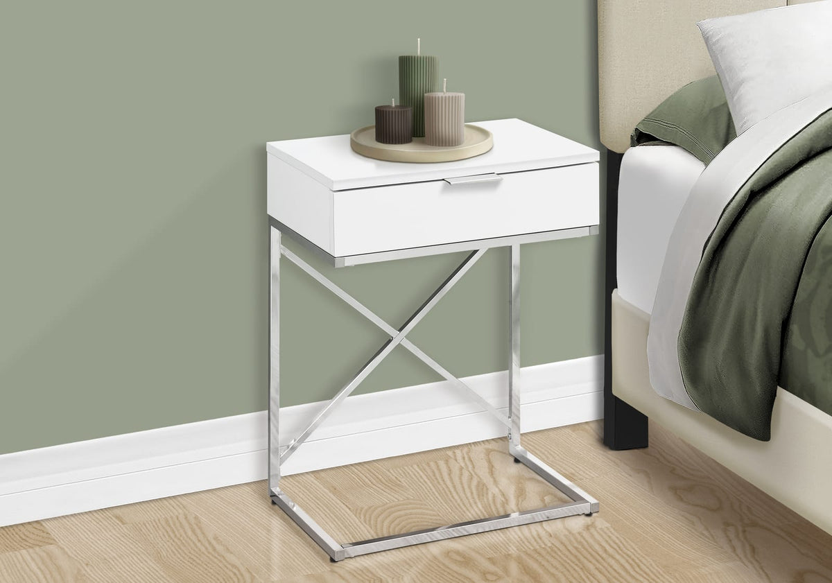 White Accent Table with Storage Drawer - Nightstand or End Table