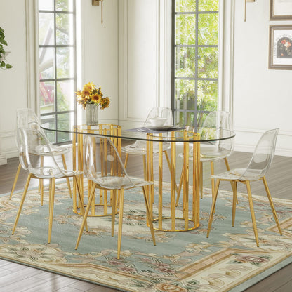 6 Person Glass Dining Table Set Gold Metal Chairs
