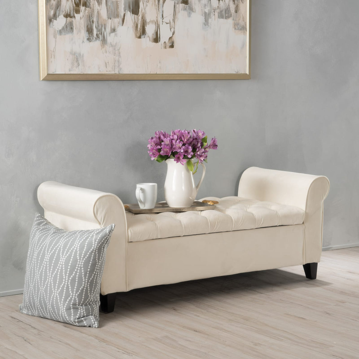 Ivory Fabric Storage Bench - 50" Seat, Black Legs