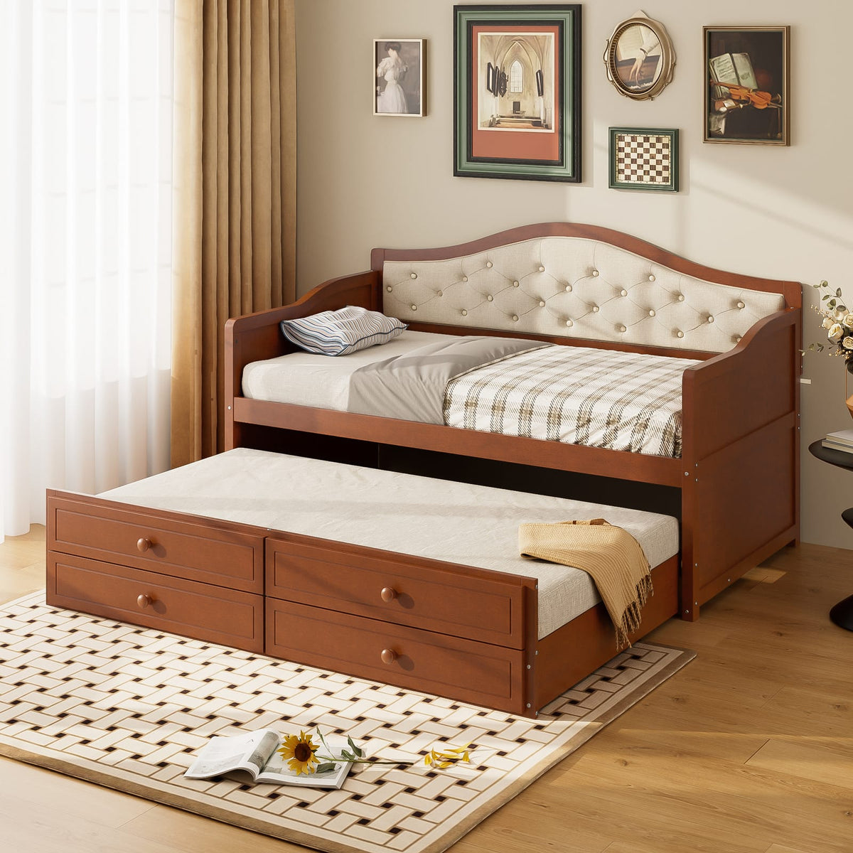 Twin Walnut Daybed with Trundle - Storage Sofa Bed for Bedroom