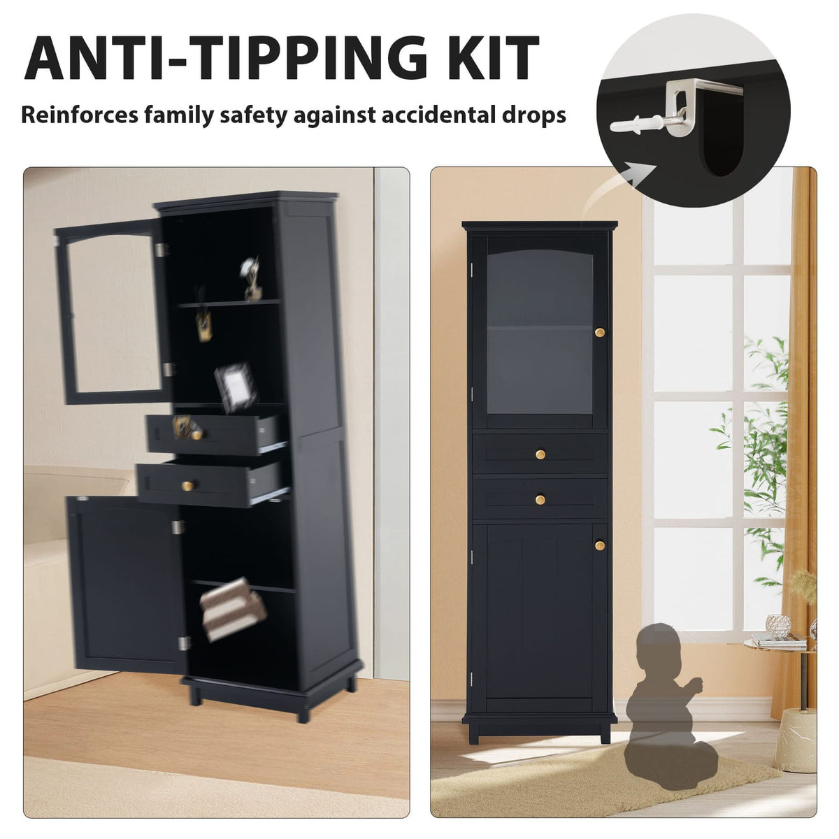 2-Drawer Bathroom Storage Cabinet with Glass Doors - Black