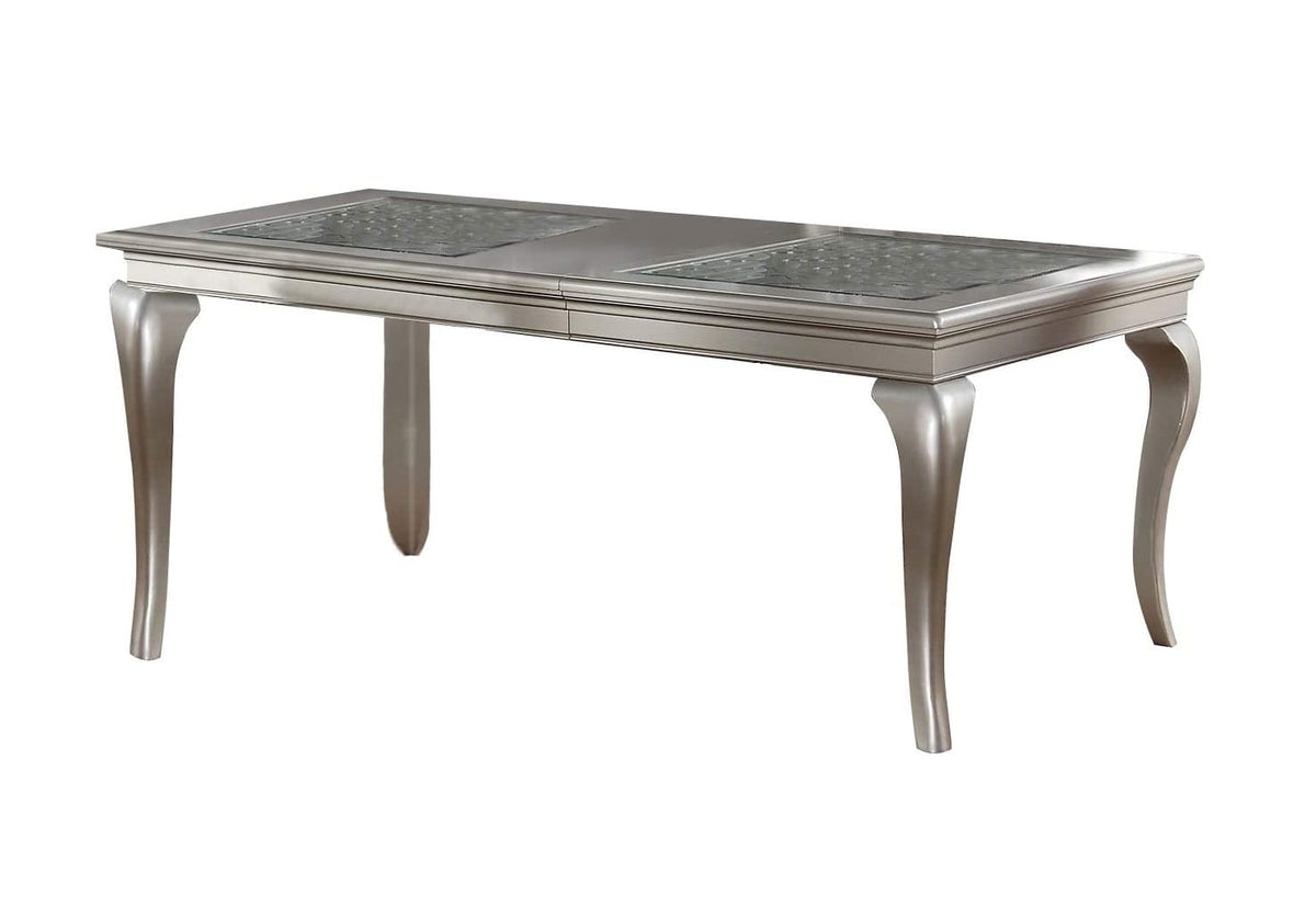 Dining Table Rectangle Glass Inert Top Silver Hue 7pc Dining Table 6x Side Chairs